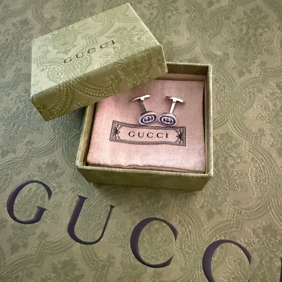 New Gucci Sterling Silver Interlocked G Blue Enamel
Double G Logo Cufflinks - Picture 2 of 9